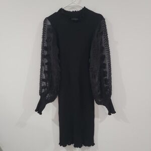 Womens Fitted Black Midi Dress Size‎ Small Sheer Sleeves 3D Floral Whimsigoth